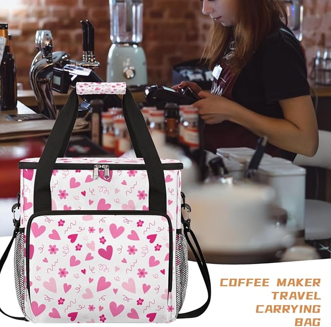 Valentine Pink Heart Flowers Coffee Maker Carrying Bag Coffee Machine Travel Storage Bag Compatible with K-Mini or K-Mini Plus Portable Single Serve Coffees Brewer Case with Pockets for K-Cup Pods