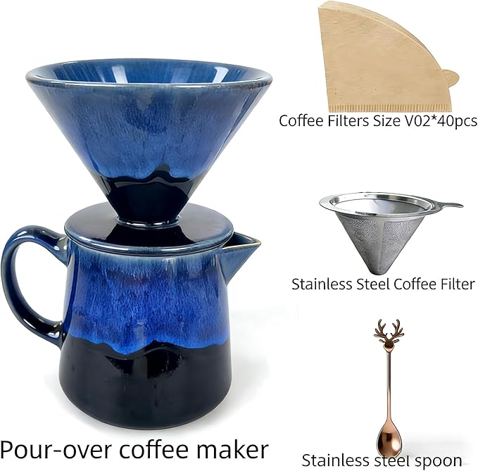 Pour Over Coffee Maker Ceramic Coffee Maker With Stainless Steel Coffee Filter 40 Filter Papers Stainless Steel Spoon 15.9 oz/470 ml Pour Over Coffee Dripper