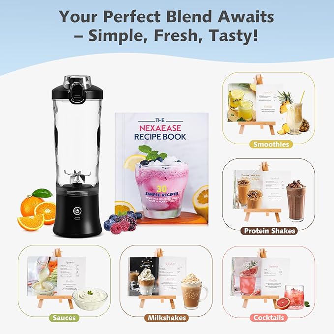 Portable Blender with Insulated Carrying Case &amp Recipe Book-20 OZ USB-C Rechargeable Personal Juicer for Smoothies &amp Protein Drinks Mini Small Blender Cup with 6 Blades for Shakes Travel Lid