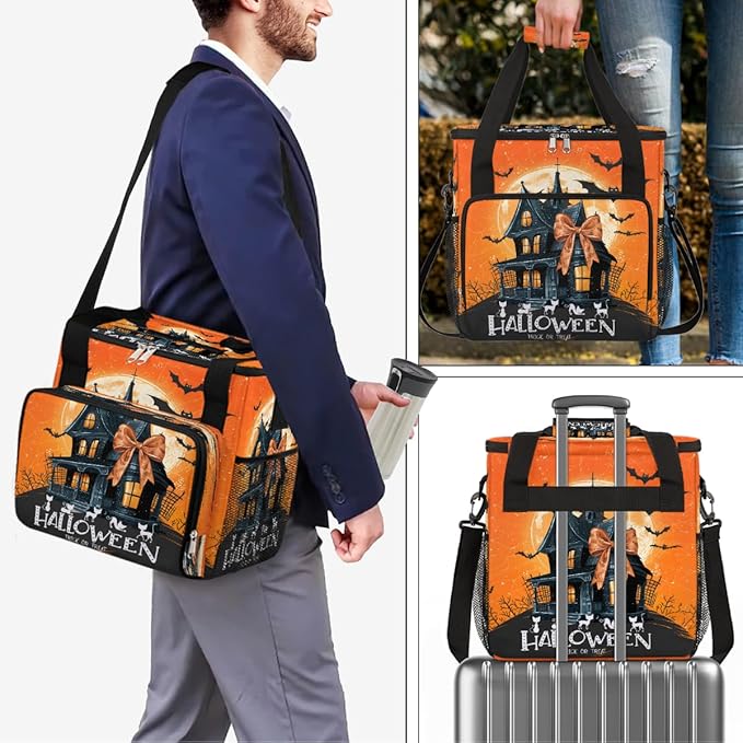 Halloween Moon Castle Bats Coffee Maker Carring Bag Travel Carrying Storage Tote Bag Compatible with Keurig K-Mini or K-Mini Plus Portable Single Serve Coffee Brewer Case with Pockets for K-cup Pods