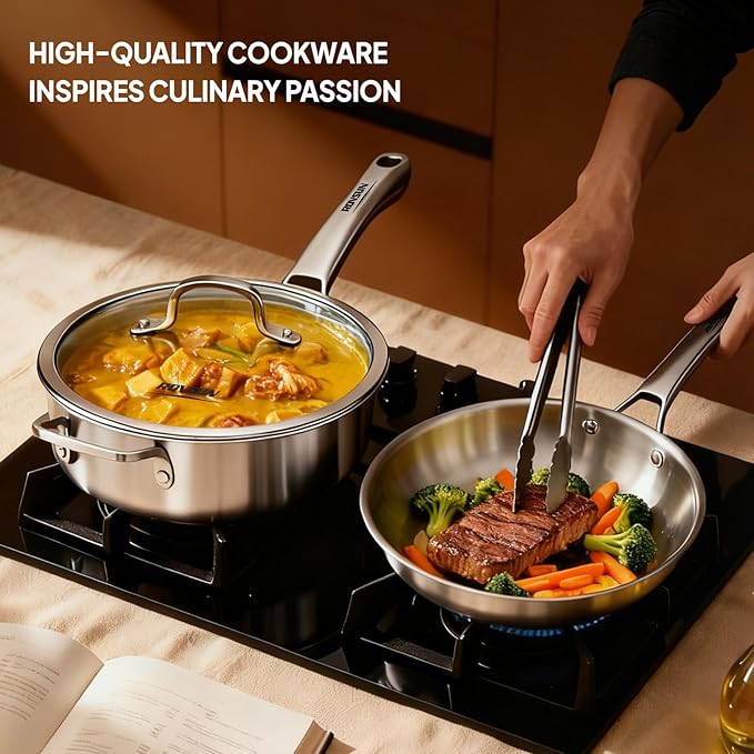 ROVSUN 10-Pcs Stainless Steel Cookware Set Tri-Ply Pots and Pans Set Non-Toxic Kitchen Set PFOA &amp PTFE Free Full Clad Frying Pans Saucepans Saute Pan &amp Stock Pot Compatible for All Cook