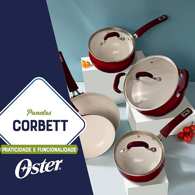 Oster Corbett 8 pc Gradient Red Forged Aluminum Cookware Set With Ceramic Non-stick - Induction Base - Soft Touch Bakelite Handle and Tempered Glass Lids