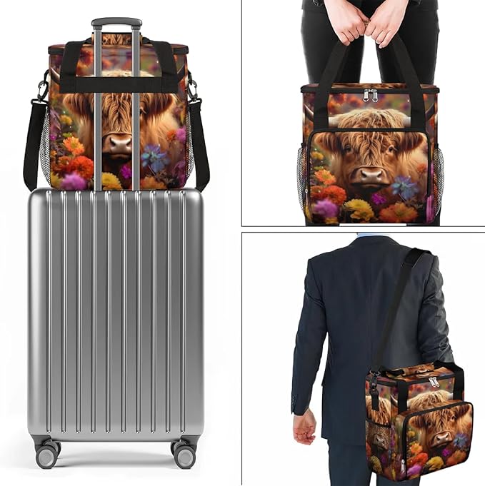 Coffee Maker Carrying Bag Highland Cow Flower Single Cup Coffee Maker Travel Bag Compatible with Keurig K-Mini or K-Mini Plus Portable Storage Bag with Shoulder StrapAZ-197