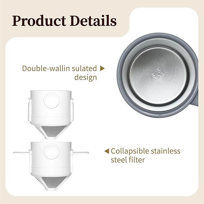 Pour Over Coffee Maker Set 16oz Stainless Steel Insulated Mug Foldable Filter for Camping Travel Office (White)