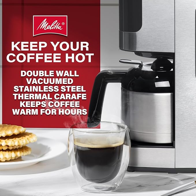 Melitta Aroma Tocco Thermal Drip Coffee Maker 8-Cup Programmable with Automatic Shut-Off Pause &amp Serve Stainless Steel Carafe with 5-Pack Coffee Filters