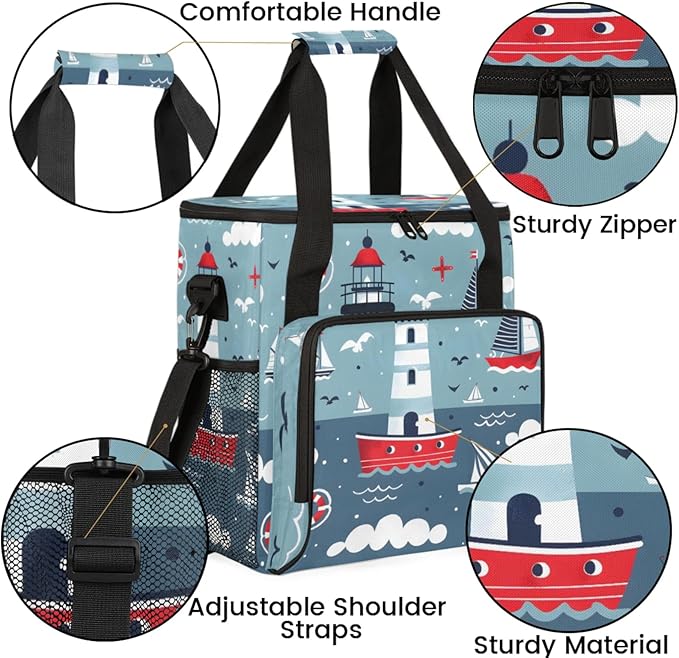 Cartoon Lighthouse Ship Coffee Maker Travel Bag for Keurig K-Mini/K-Mini Plus Insulated Waterproof Tote with Pockets for K-Cup Portable Single-Serve Brewer Case