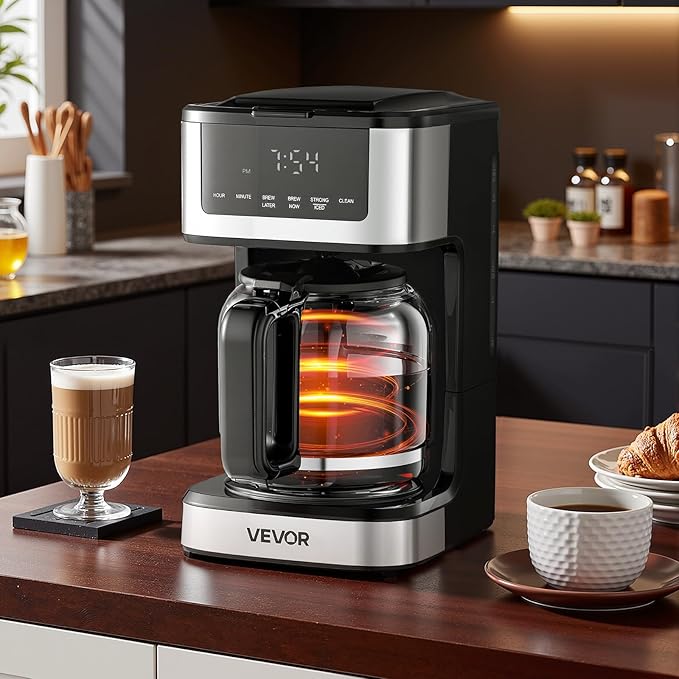 VEVOR Programmable Coffee Maker 12 Cup Programmable Drip Coffee Makers with Touch Screen 4-Hour Keep Warm Coffee Makers Drips 2 Brew Strengths Drip Coffee Machine for Home 24-Hour Programmable