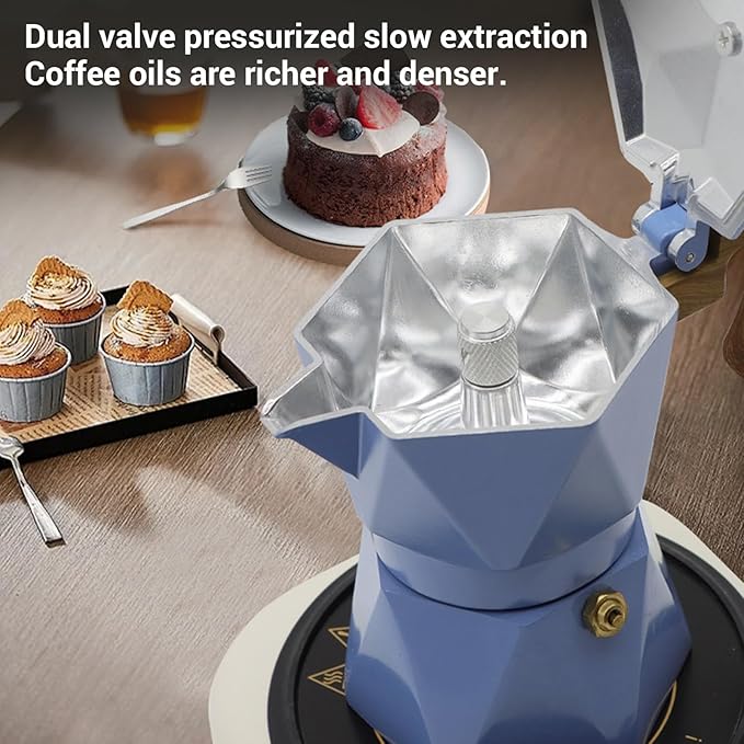 Yosoo Food Safe Anodized Aluminum Italian Coffee Maker with Dual Valve Design 2 Cup Stovetop Coffee Maker Pot for Cuban Cafe Brewing Home Camping (Blue)