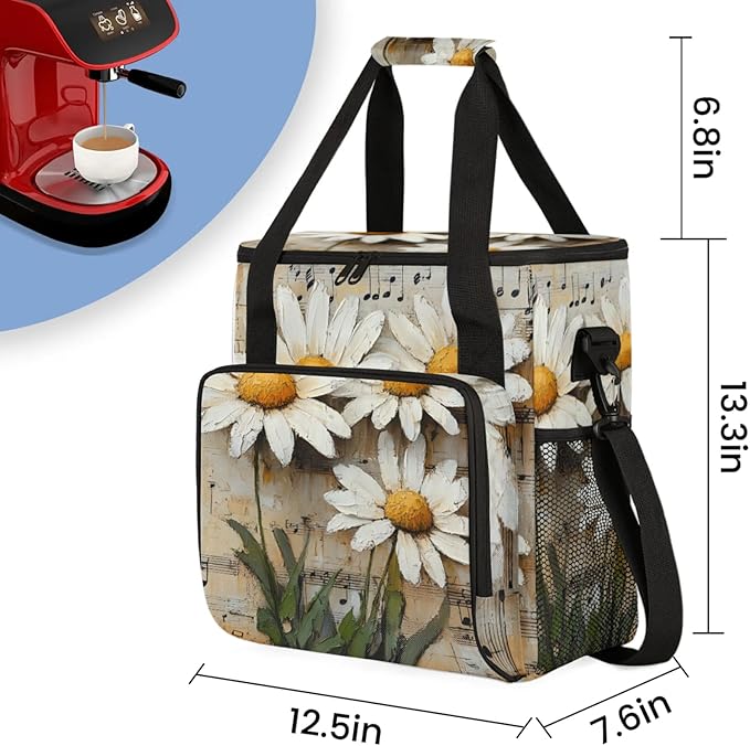 Daisies Music Notes Coffee Maker Travel Bag for Keurig K-Mini/K-Mini Plus Insulated Waterproof Tote with Pockets for K-Cup Portable Single-Serve Brewer Case