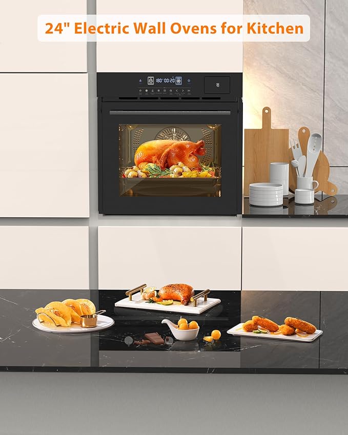Built-in 24 Electric Wall Oven - 70L Volume 2.5Cu.ft 8 Cooking Functions including Air Fry 3000W Power 3D Surround Heating Technology Touch Control Panel Double-Layer Glass Door Modern Black D