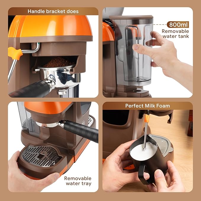 20 Bar Espresso Machine with Grinder &amp Steam Wand - Semi Automatic Coffee Maker NTC Intelligent Temp Control 58mm Stainless Steel Portafilter One-Touch Panel for Home Barista (Removable Water T