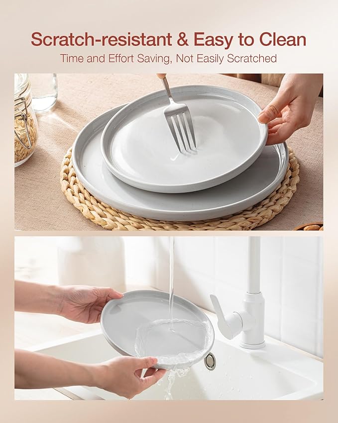 Famiware Milkyway Stoneware Dinnerware Sets with Pasta Bowls Service for 6 (24 Pieces) Plates and Bowls Sets -Scratch Resistant Microwave and Dishwasher Safe Dishes Set Light Gray