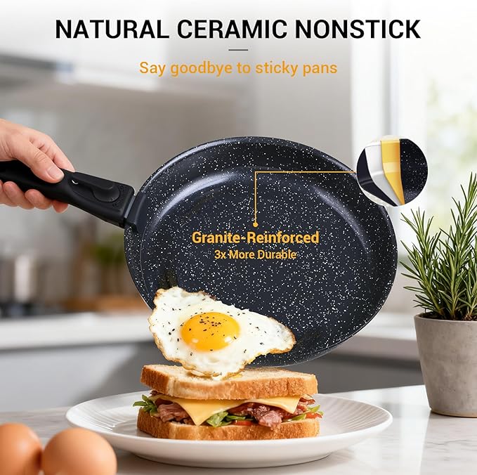 Ammeloo 21 Pcs Pots and Pans Set Non Stick Ceramic Kitchen Cookware Set with Detachable Handle Non Toxic Cooking Set for Kitchen RV Camping and Fridge Induction Ready Dishwasher/Oven Safe Black