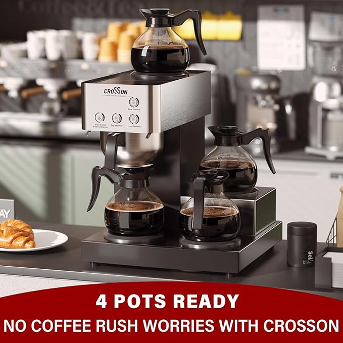 crosson 12 Cup Commercial Coffee Brewer with 4 Warmers &amp 4 Glass DecanterPour Over Drip Coffee Maker with Stainless Steel Housing and 304 SS Funnel