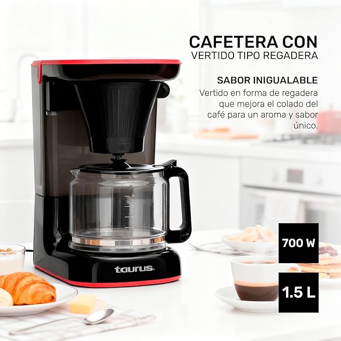 Taurus Velvet 12-Cup Drip Coffee Maker Glass Carafe Modern Compact Design Non-Programmable Easy-Clean Reusable Filter Auto Shut-Off Black