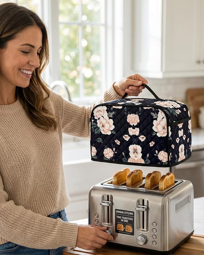 Deosk Toaster Cover 2 Slice With 2 Pockets &amp Thickened Sponge Oxford Toaster Covers For 2 Slice Wide Slot and Kitchen Use 11 x 6.5 x 7.5 (MediumBlack Flower）