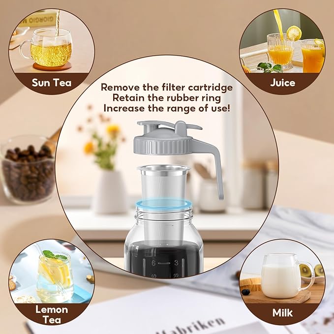 Cold Brew Coffee Maker Jar - 2 Pack 64 oz Glass Cold Brew Maker with Handle Stainless Steel Filter &amp Leak-Proof Lid Heavy Duty Cold Brew Pitcher for Iced Coffee Sun Tea and Milk