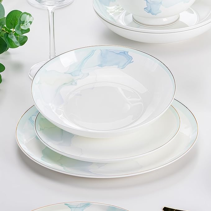 60 Pcs Fine Bone China Dinnerware Set Porcelain&ampCeramic Dinnerware SetsBone Stoneware&ampCeramic Cookware Tableware Set Includes Dinner Plates|Spoons|Pasta Bowls|Soup Pot|Chopsticks