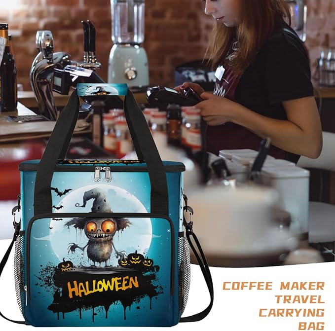 Halloween Monster Pumpkin Bat Coffee Maker Carring Bag Travel Carrying Storage Tote Bag Compatible with Keurig K-Mini or K-Mini Plus Portable Single Serve Coffee Brewer Case with Pockets