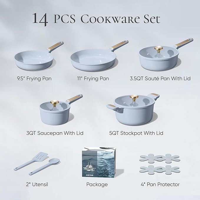 CAROTE Ceramic Cookware Set Nonstick 14pcs Pots and Pans Set Nonstick Non-Toxic &amp PFAS-Free Dishwasher RV/Camping Cookware Set Cooking Pots with Lids Pastel Blue