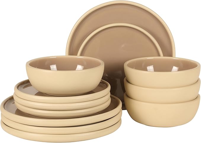 Gibson Elite - Made in Portugal - Port Gaia 12 Piece (Service for 4) Plates and Bowls Reactive Glaze Dishes Stoneware Ceramic Dinnerware Set - Taupe