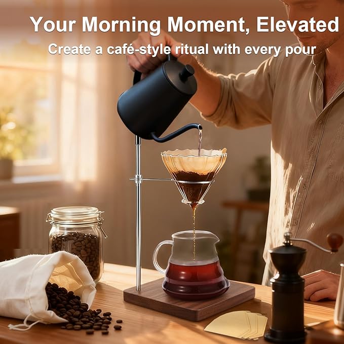 Solid North American Walnut Pour Over Coffee Stand - Adjustable Height Dripper Holder with 304 Stainless Steel Arm - Compatible with Hario V60 01 02 &amp Cone Brewers - Heavy Non-Slip Base (Stand Onl