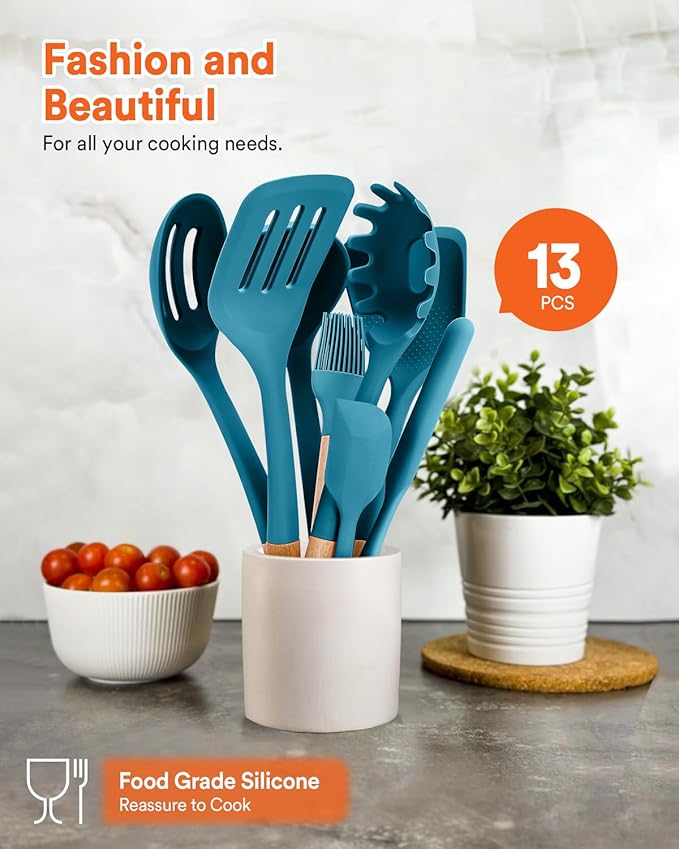 Kitchen Utensils Set 13PCS Silicone Cooking Utensils Heat Resistant Kitchen Utensil Spatula Set for Nonstick Cookware Wooden Handles Kitchen Gadgets Tools Set (BLUE)