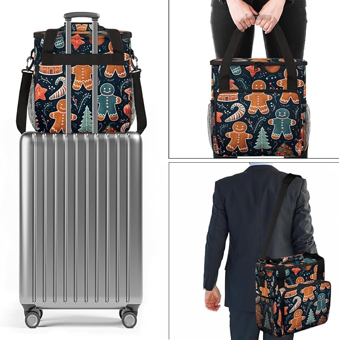 Gingerbread Man Coffee Maker Carrying Bag Christmas Pattern Travel Storage Bag Compatible with K-Mini or K-Mini Plus Single Serve Coffee Brewer Carrying Case with Multiple Pockets &amp Shoulder Str