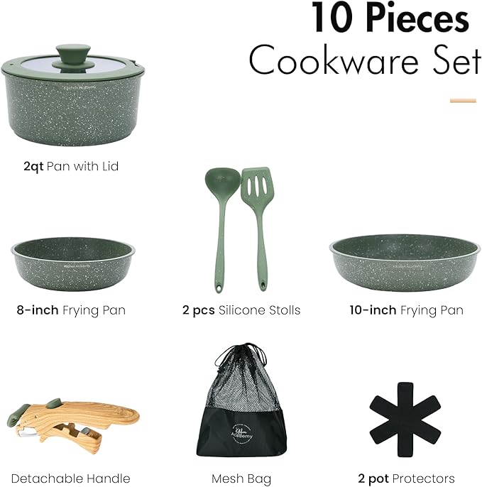 10 Pcs Pots and Pans Set Non Stick Nonstick Kitchen Cookware Sets Detachable Handle Induction Pots and Pans Set with Removable Handle RV Cookware for Camping Oven Safe PFOS PFOA Free Green