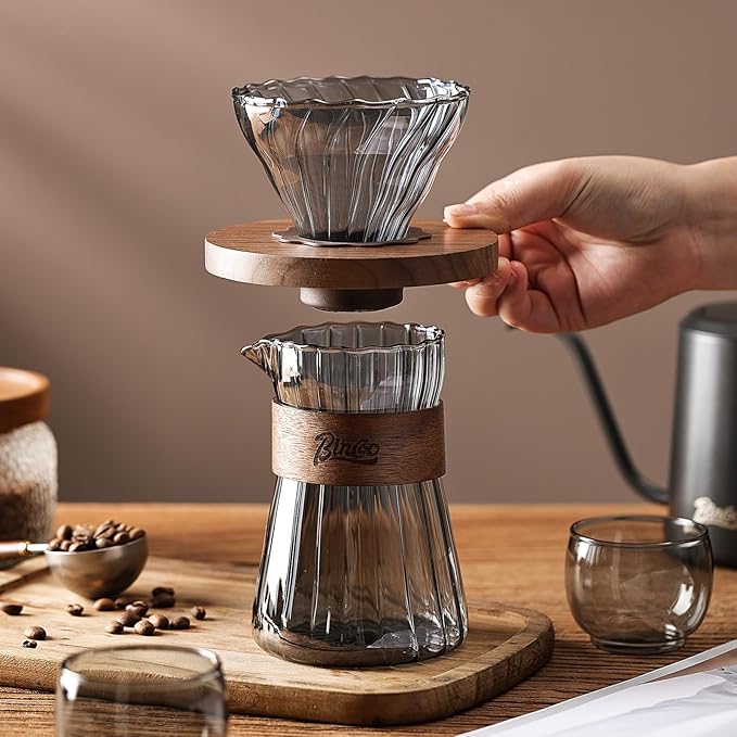 Bincoo Pour Over Coffee Maker Set - 500ML Glass Coffee Server Coffee Carafe with Walnut Dripper and 50PCS Paper Filter Drip Coffee Maker Set for Home Café Restaurant