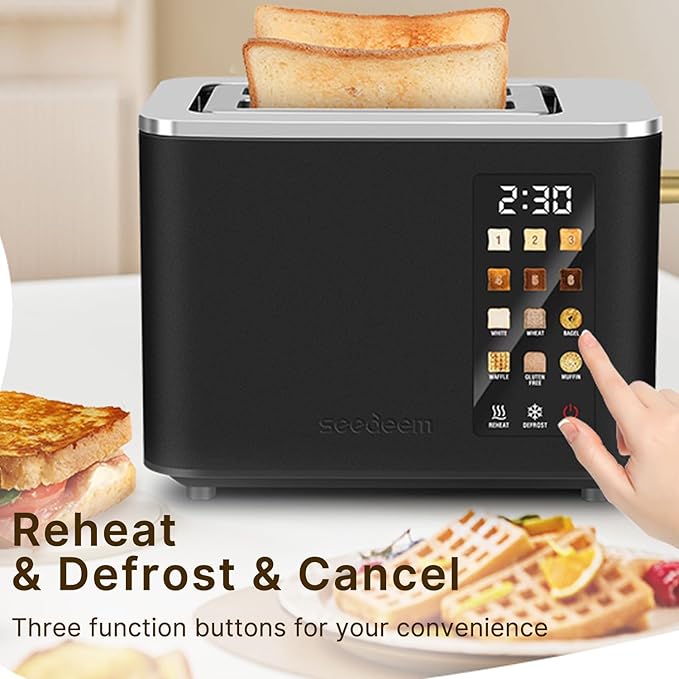 2-Slice Toaster with Touch Control 6 Shade Settings &amp 6 Bread Type 900W Removable Crumb Tray Countdown Display Smart Stainless Steel Design Black