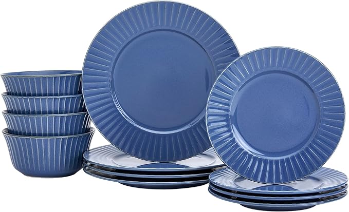 Tabletops Gallery Richmond 12-Piece Reactive Glaze Stoneware Dinnerware Set of Kitchen Dishes Dinner Plates Cereal Bowls Service for 4 Blue