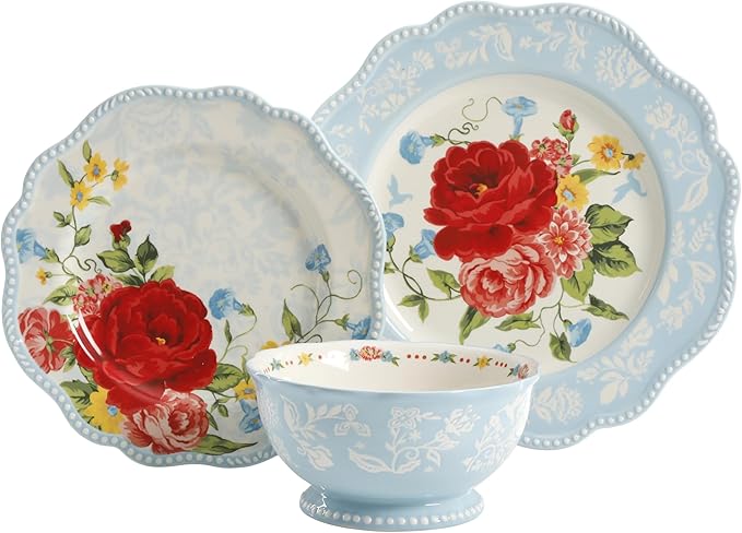 12-Piece Stoneware Dinnerware Set Service for 4 Floral Design with Scalloped Rim Dishwasher &amp Microwave Safe