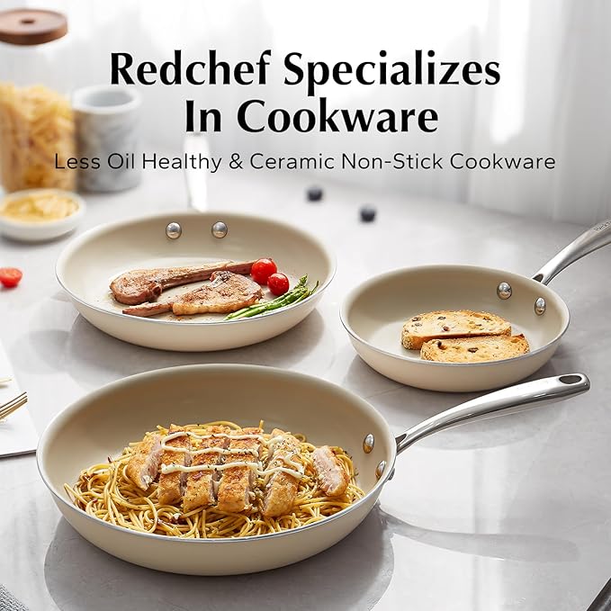 Redchef Ceramic Pots and Pans Set Non Stick Nonstick Kitchen Cookware Sets Non Toxic Pots and Pans Set Non Stick PFAS PFOA &amp PTFE Free Nonstick Frying Pans Set Ceramic Pan Skillet RV Cookwar