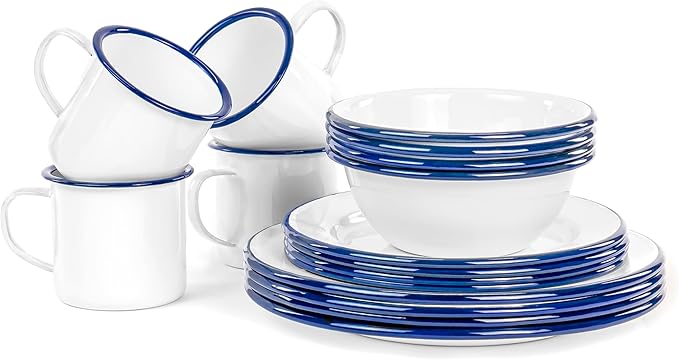 Red Co. 16-Piece Enamelware Metal Dinnerware Set for 4 Solid White/Navy Blue Rim