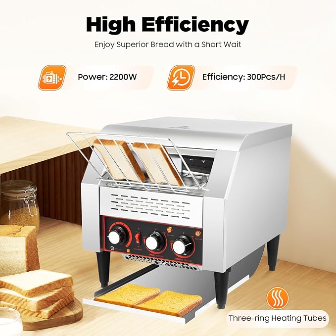 300 Slices/H Commercial Conveyor Toaster 2200W Stainless Steel Heavy-Duty Industrial Toasters w/Three-ring Heating Tubes Countertop Electric Restaurant Equipment for Bun Bagel Bread Baked Food
