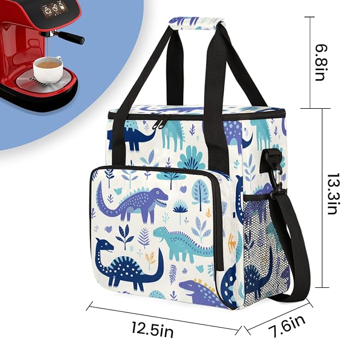 Cartoon Dinosaur Coffee Maker Carrying Bag Portable Travel Storage Tote Bag Compatible with K-Mini or K-Mini Plus Single Serve Coffee Brewer Carrying Case with Multiple Pockets &amp Shoulder Strap