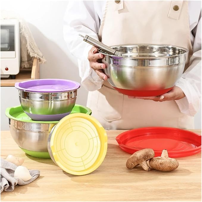 Stainless Steel Salad Mixing Bowl With Lid Non-Slip Silicone Bottom Fruit Vegetable Bowls Egg Beater Basin Dough