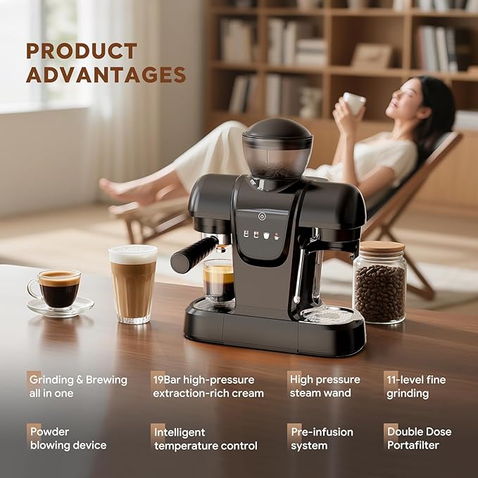 20 Bar Espresso Machine with Grinder &amp Steam Wand - Semi Automatic Coffee Maker NTC Intelligent Temp Control 58mm Stainless Steel Portafilter One-Touch Panel for Home Barista (Removable Water T