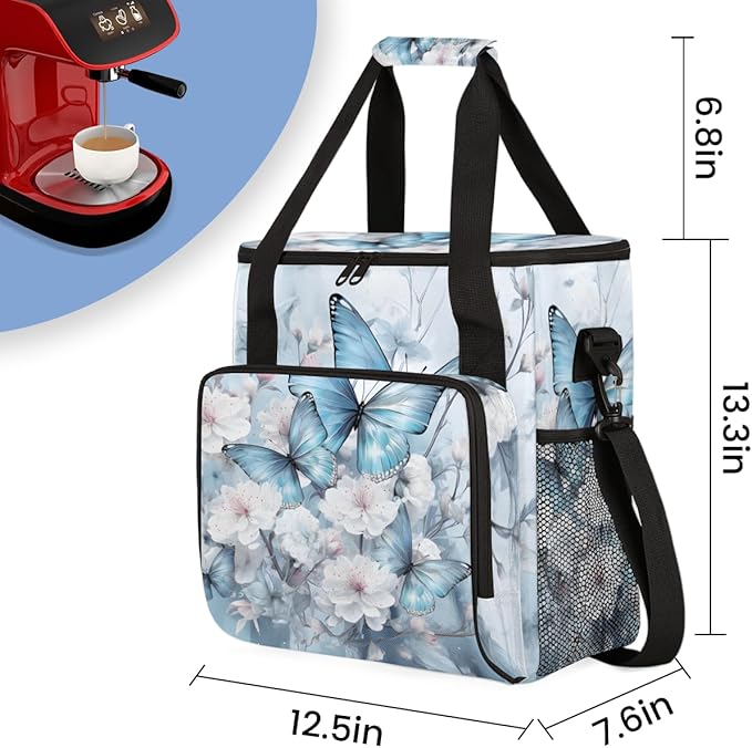 Flowers Butterfly Coffee Maker Carrying Bag Abstract Butterfly Travel Storage Bag Compatible with K-Mini or K-Mini Plus Single Serve Coffee Brewer Carrying Case with Pockets &amp Shoulder Strap