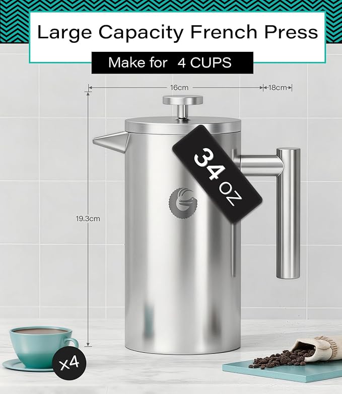 Coffee Gator 304 Grade Stainless Steel French Press Coffee Maker 34 oz Double Wall Insulated Teapot with 4-Level Filtration System Include Travel Jar Canister Rust-Free Dishwasher Safe Silver