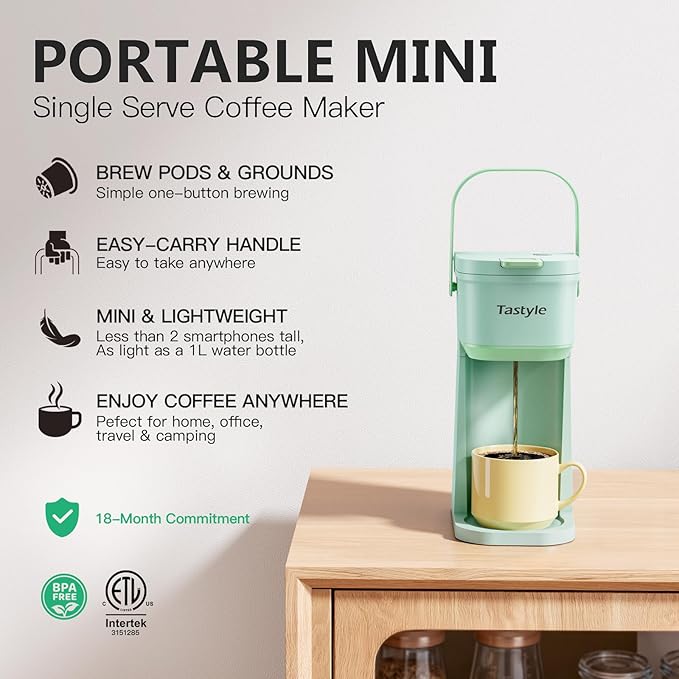 Single Serve One Cup Coffee Maker for K Cups and Grounds Mini Coffee Maker with Portable Handle 6 to 12 Oz Brew Size for Travel Camping Office RV and Dorm 120V Oasis