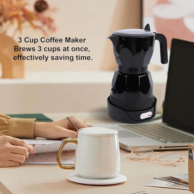 Electric Mocha Pot 3 Cup Aluminum Machine Portable Electric Italian Cuban Coffee Maker with Detachable Base Mocha Maker for Home Travel Office (Black)