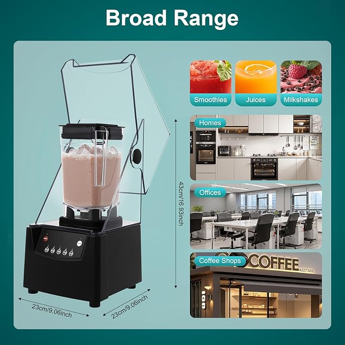 Commercial Blender2600W Stainless Steels Countertop Blender with Soundproof Cover 23000r/Min High Speed Smoothie Maker with 5 Time Settings 0.48Gal Automatic Smoothie Maker for Fruit Juice