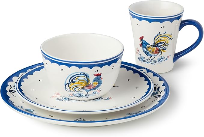 French Rooster Ceramic 16‑Piece DINNERWARE SETSERVICE for FOUR with dinner plates salad plates mugs and ice cream bowls featuring classic blue and multicolor rooster motifs