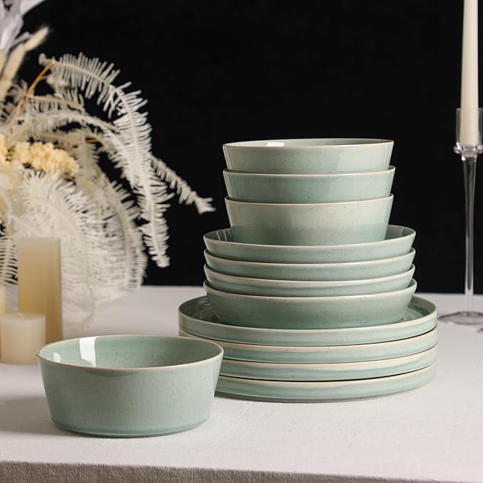 Stone Lain Claire 24-Piece Dinnerware Set Stoneware Plates and Bowls Set Dishwasher and Microwave Safe Dish Set for 8 Green