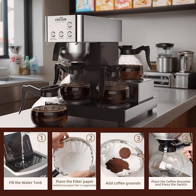 crosson 12 Cup Commercial Coffee Brewer with 4 Warmers &amp 4 Glass DecanterPour Over Drip Coffee Maker with Stainless Steel Housing and 304 SS Funnel