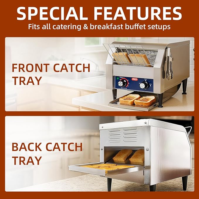 JOHAKYU Commercial Conveyor Toaster - 300 Slices/Hour Heavy Duty Stainless Steel for Buns Bagels Bread Restaurant Use/Includes Cleaning Accessories