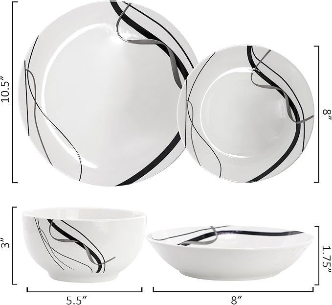 Elama Sarah 18 Piece Porcelain Ribbon Lined Dinnerware Set Service for 6 in White and Black