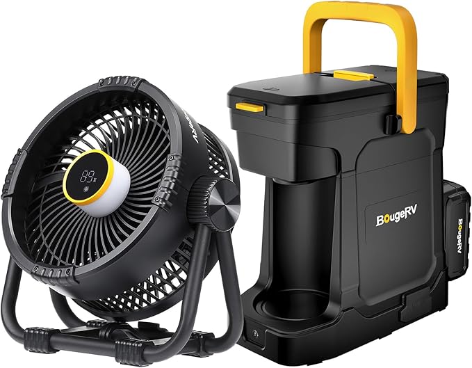 BougeRV Camping Outdoor Camping Electrical Sets 20000mAh Battery Powered Fans and 18V 8Ah Battery Powered Coffee Machine Compatible with K Cup Coffee Pods &amp Ground